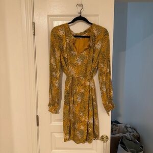 LOFT Mustard Floral Long Sleeve Dress Size Medium